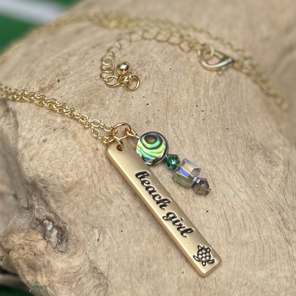Gold or Silver Stamped BEACH GIRL Pendant w Abalone Shell Crystal Beads Necklace - Picture 4 of 16